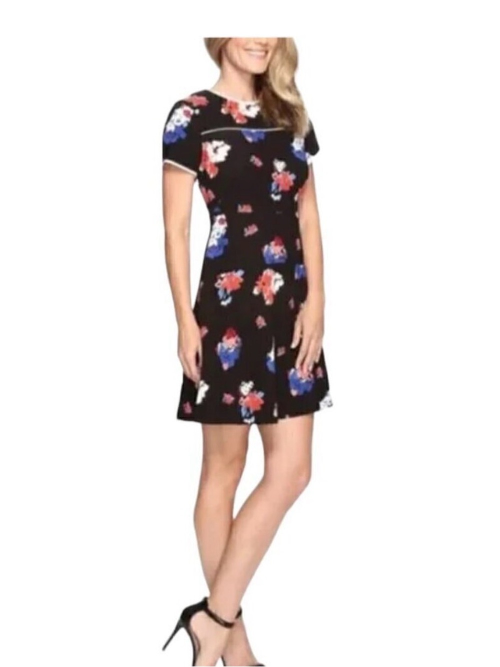 Vince Camuto Fit-and-Flare Short Sleeve Dress - Black with Red & Blue Floral